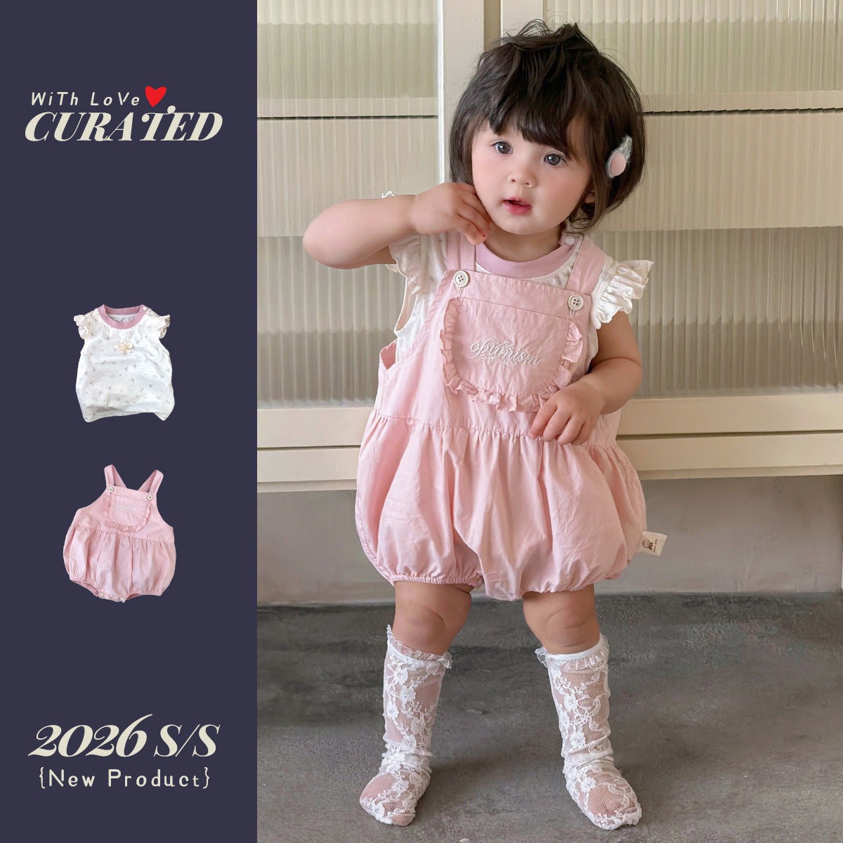 Overalls Set for Girls, Flutter Sleeve T-Shirt Top with Shorts, Baby Kids Clothing