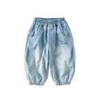 Casual Kids Denim Wide Leg Pants Letter Print Long Pants Cartoon Pocket Baby Trousers