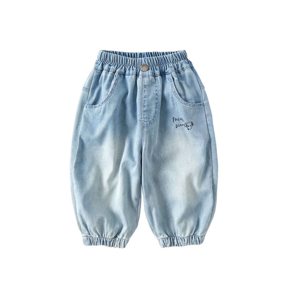 Casual Kids Denim Wide Leg Pants Letter Print Long Pants Cartoon Pocket Baby Trousers