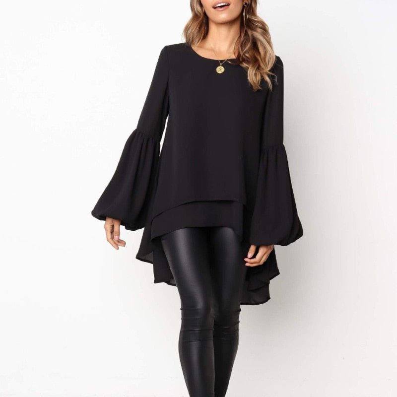 Women Chiffon Ruffled Tops Blouse Flare Long Sleeve Solid Casual Blouse Simple Swallowtail Design Top Summer Clothes Mujer