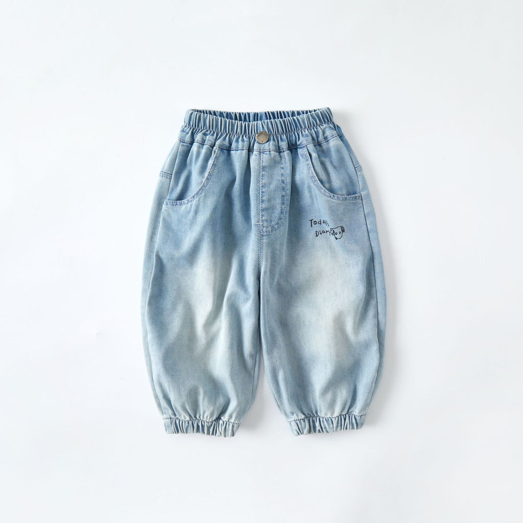 Casual Kids Denim Wide Leg Pants Letter Print Long Pants Cartoon Pocket Baby Trousers