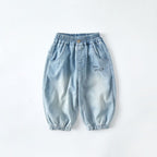 Casual Kids Denim Wide Leg Pants Letter Print Long Pants Cartoon Pocket Baby Trousers