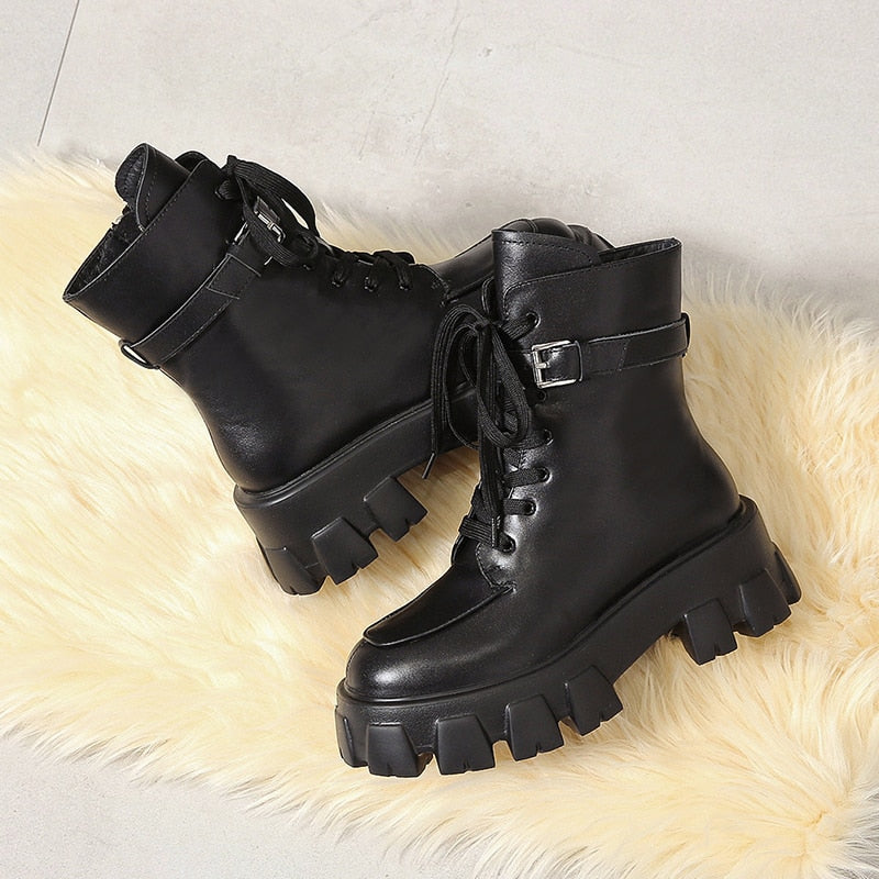 Botines Militares de Plataforma con Cordones para Mujer