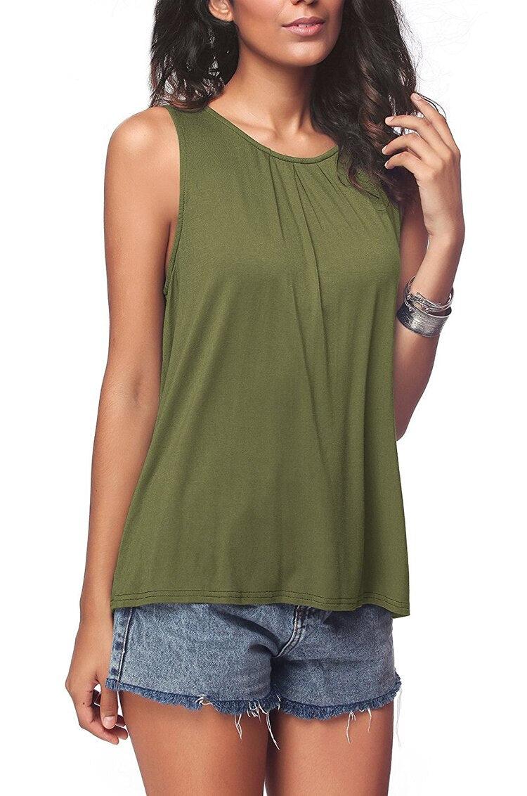 Fashion Summer Women Tank Top Solid Color Sleeveless Vest Lady Elegant Round Neck Loose T-Shirt Camisole Tees Ropa Mujer