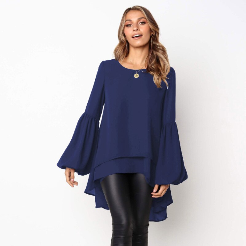 Women Chiffon Ruffled Tops Blouse Flare Long Sleeve Solid Casual Blouse Simple Swallowtail Design Top Summer Clothes Mujer