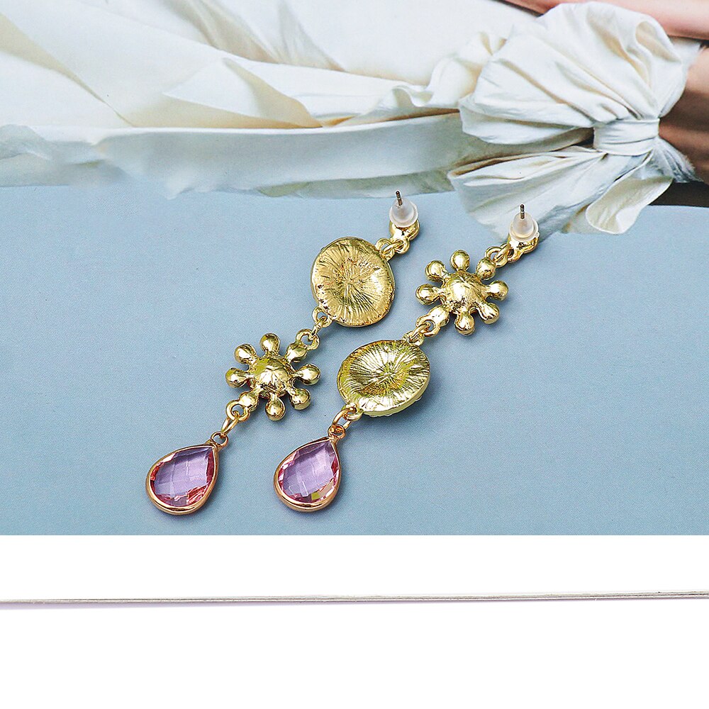 New Design Pink Crystal Long Dangle Drop Earring Statement Waterdrop Pendientes Mujer Charm Jewelry Summer Party Gift Trend
