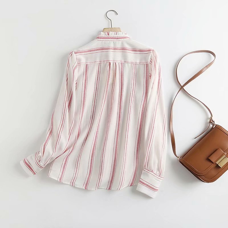 Red Striped Print Office Lady Shirts Women Long Sleeve Oversized Ruffles Autumn Fashion Blouses Elegant Mujer Tops