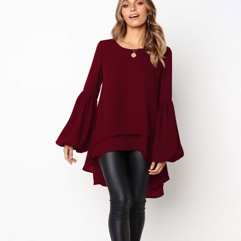 Women Chiffon Ruffled Tops Blouse Flare Long Sleeve Solid Casual Blouse Simple Swallowtail Design Top Summer Clothes Mujer