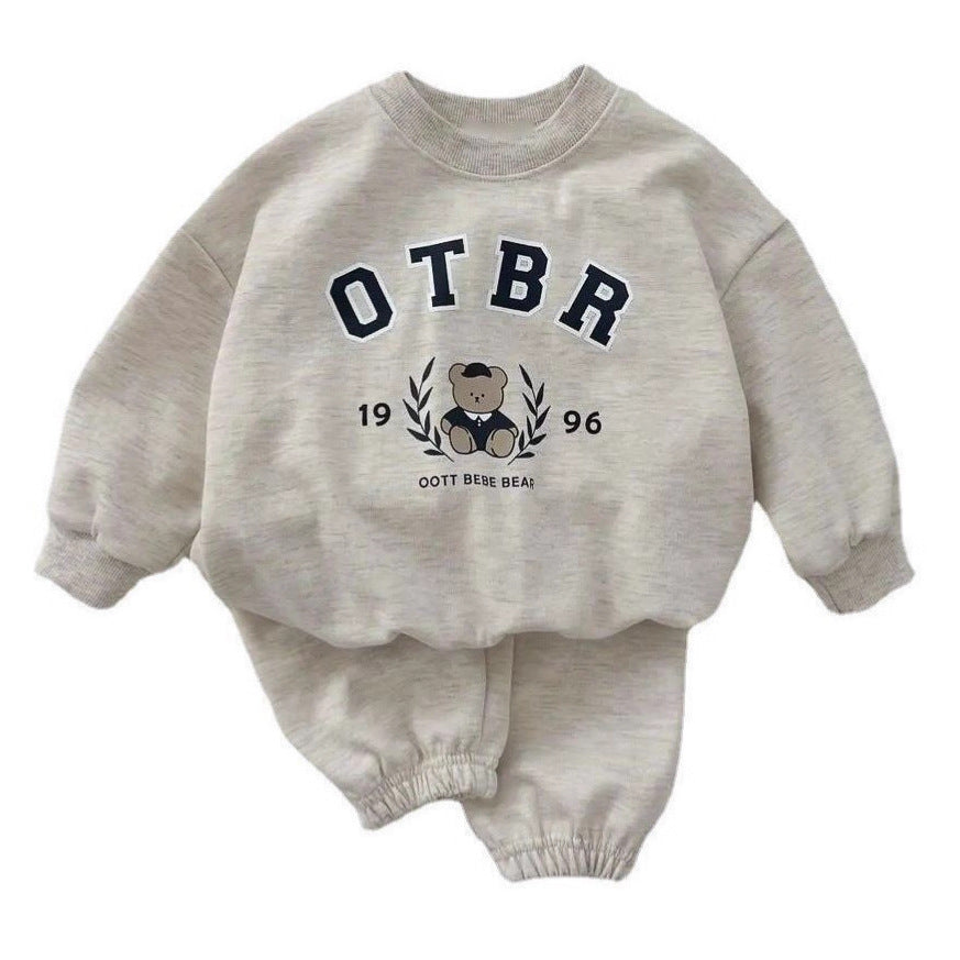 baby bear letter print cotton hoodie set, kids' long-sleeve top and pants two-piece set