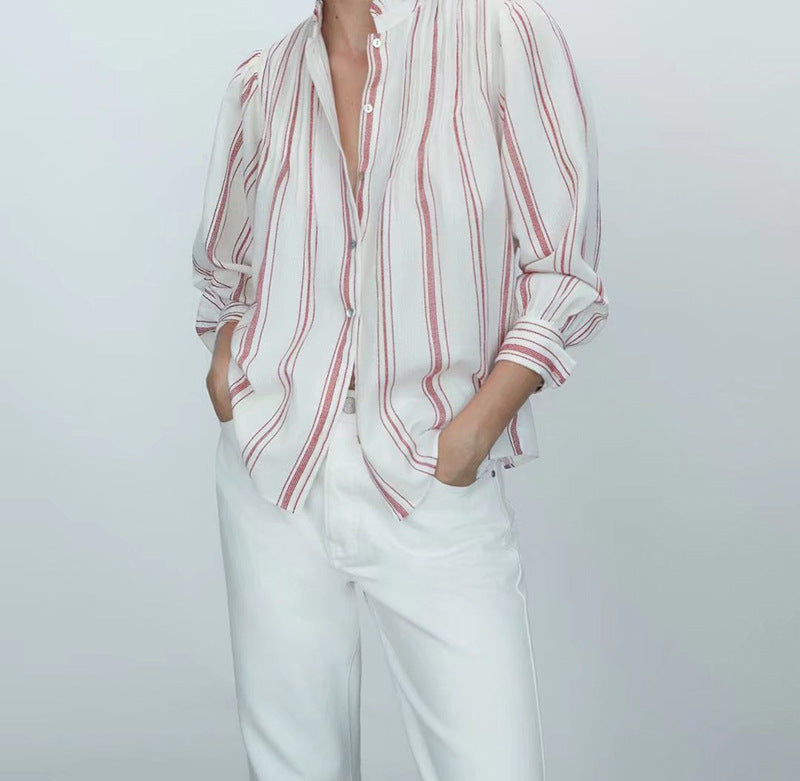 Red Striped Print Office Lady Shirts Women Long Sleeve Oversized Ruffles Autumn Fashion Blouses Elegant Mujer Tops