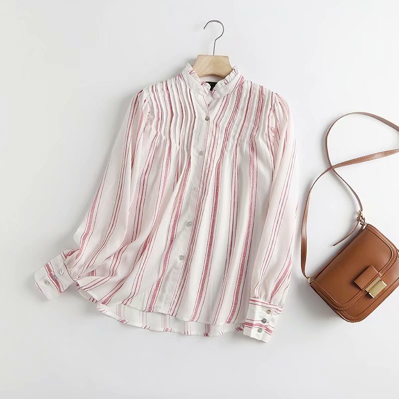 Red Striped Print Office Lady Shirts Women Long Sleeve Oversized Ruffles Autumn Fashion Blouses Elegant Mujer Tops
