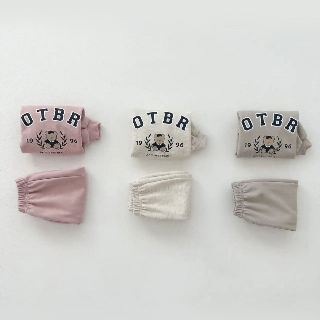 baby bear letter print cotton hoodie set, kids' long-sleeve top and pants two-piece set
