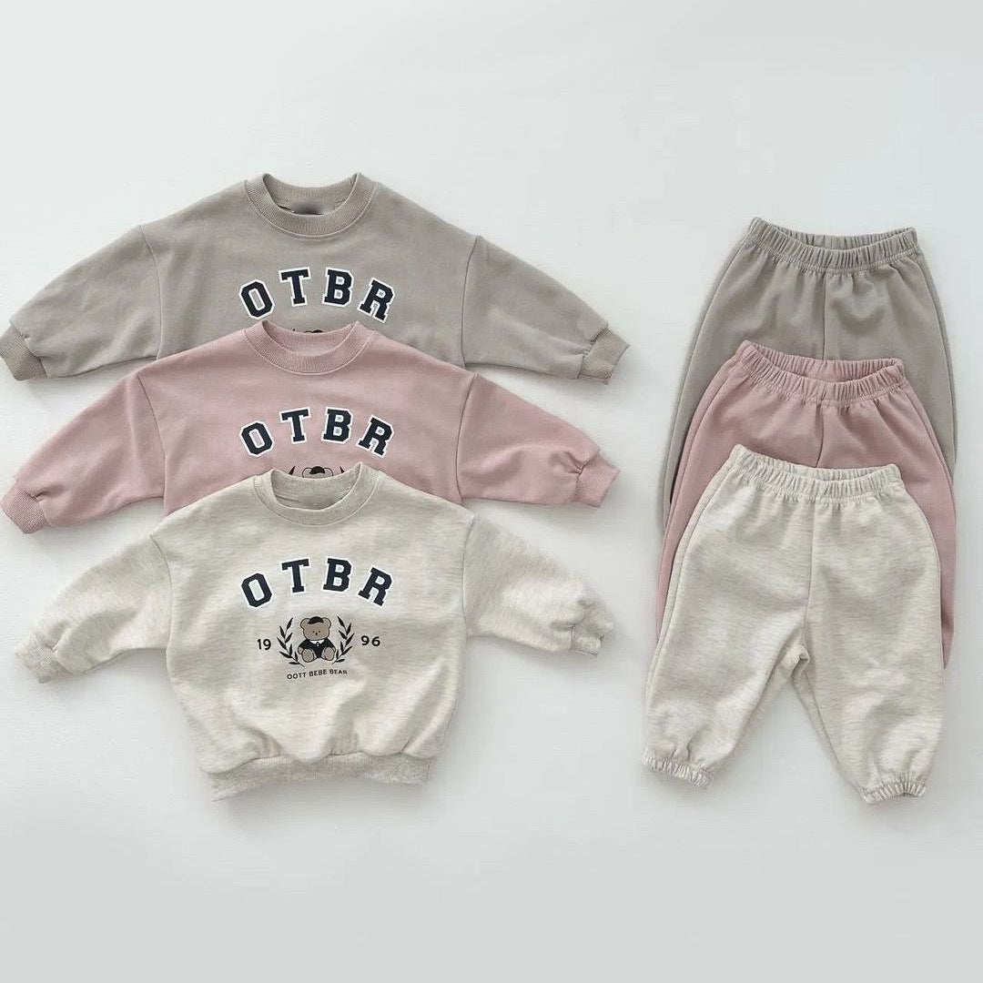baby bear letter print cotton hoodie set, kids' long-sleeve top and pants two-piece set