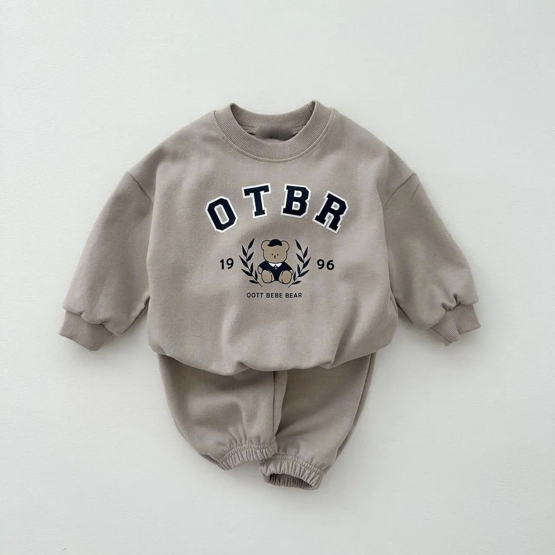 baby bear letter print cotton hoodie set, kids' long-sleeve top and pants two-piece set