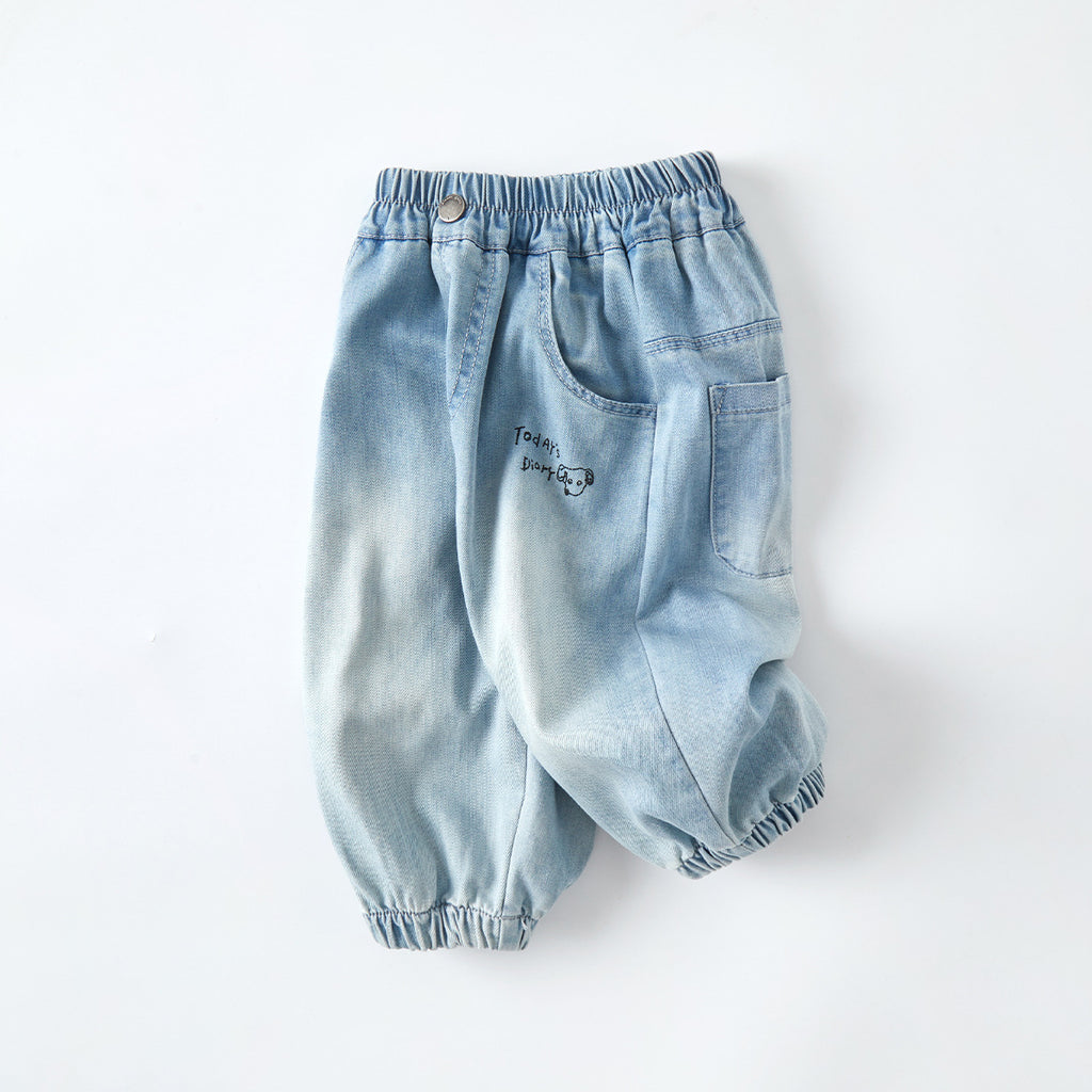 Casual Kids Denim Wide Leg Pants Letter Print Long Pants Cartoon Pocket Baby Trousers