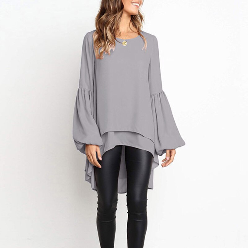 Women Chiffon Ruffled Tops Blouse Flare Long Sleeve Solid Casual Blouse Simple Swallowtail Design Top Summer Clothes Mujer
