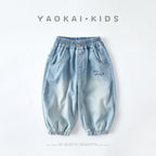 Casual Kids Denim Wide Leg Pants Letter Print Long Pants Cartoon Pocket Baby Trousers