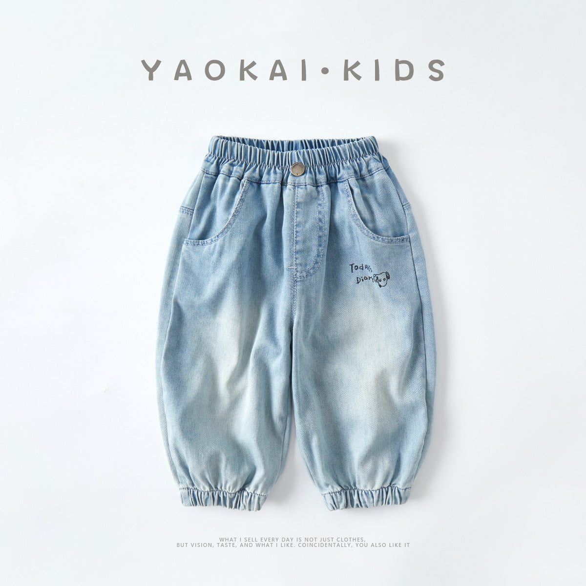 Casual Kids Denim Wide Leg Pants Letter Print Long Pants Cartoon Pocket Baby Trousers