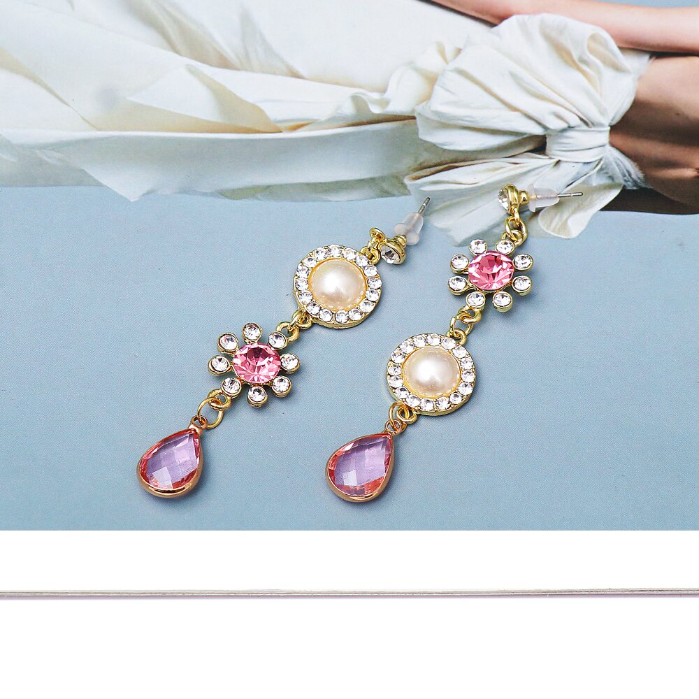 New Design Pink Crystal Long Dangle Drop Earring Statement Waterdrop Pendientes Mujer Charm Jewelry Summer Party Gift Trend