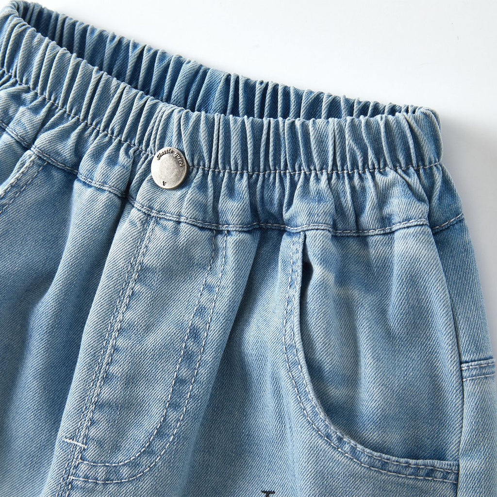Casual Kids Denim Wide Leg Pants Letter Print Long Pants Cartoon Pocket Baby Trousers