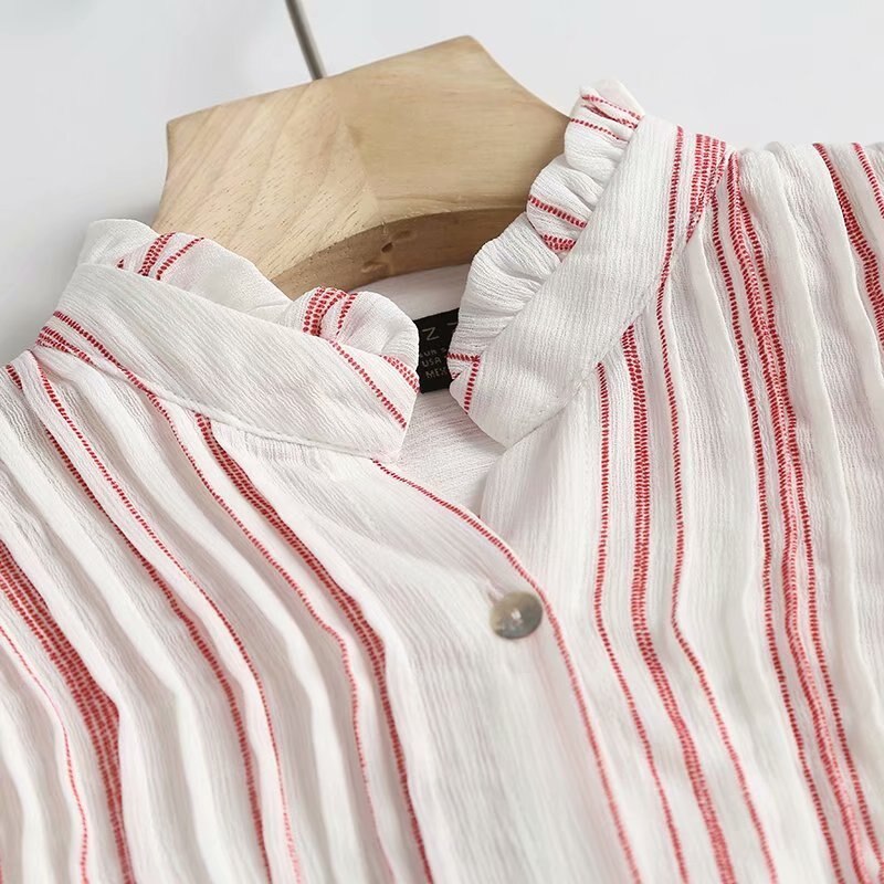 Red Striped Print Office Lady Shirts Women Long Sleeve Oversized Ruffles Autumn Fashion Blouses Elegant Mujer Tops