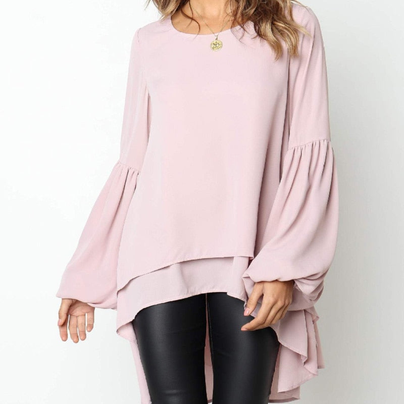 Women Chiffon Ruffled Tops Blouse Flare Long Sleeve Solid Casual Blouse Simple Swallowtail Design Top Summer Clothes Mujer