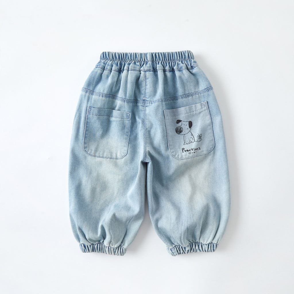 Casual Kids Denim Wide Leg Pants Letter Print Long Pants Cartoon Pocket Baby Trousers