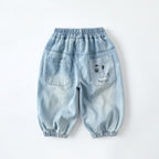 Casual Kids Denim Wide Leg Pants Letter Print Long Pants Cartoon Pocket Baby Trousers