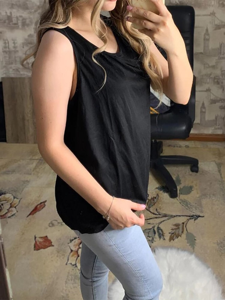 Fashion Summer Women Tank Top Solid Color Sleeveless Vest Lady Elegant Round Neck Loose T-Shirt Camisole Tees Ropa Mujer