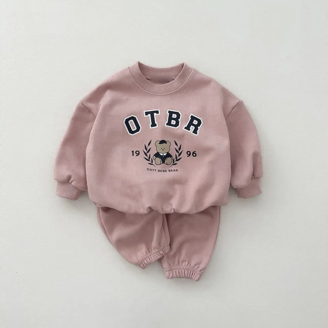 baby bear letter print cotton hoodie set, kids' long-sleeve top and pants two-piece set