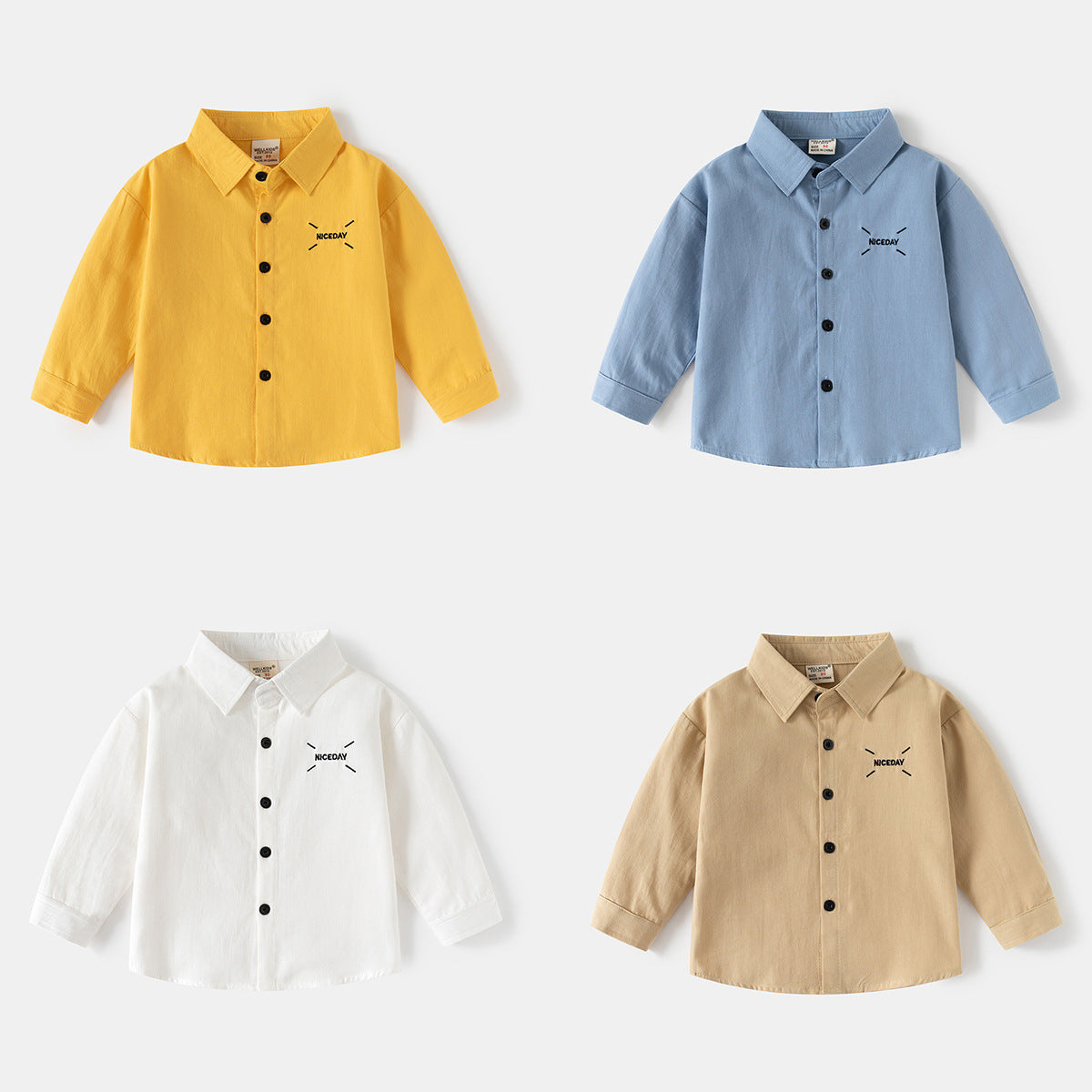 Long Sleeve Shirt Boy Turn-down Collar Solid Color Embroidered Shirt Baby Kids Clothing Wholesale