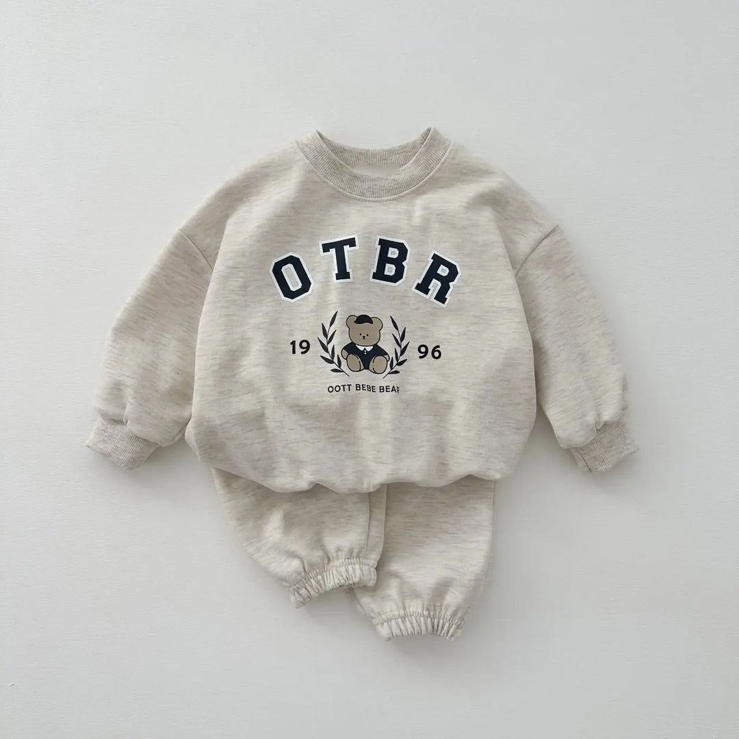 baby bear letter print cotton hoodie set, kids' long-sleeve top and pants two-piece set