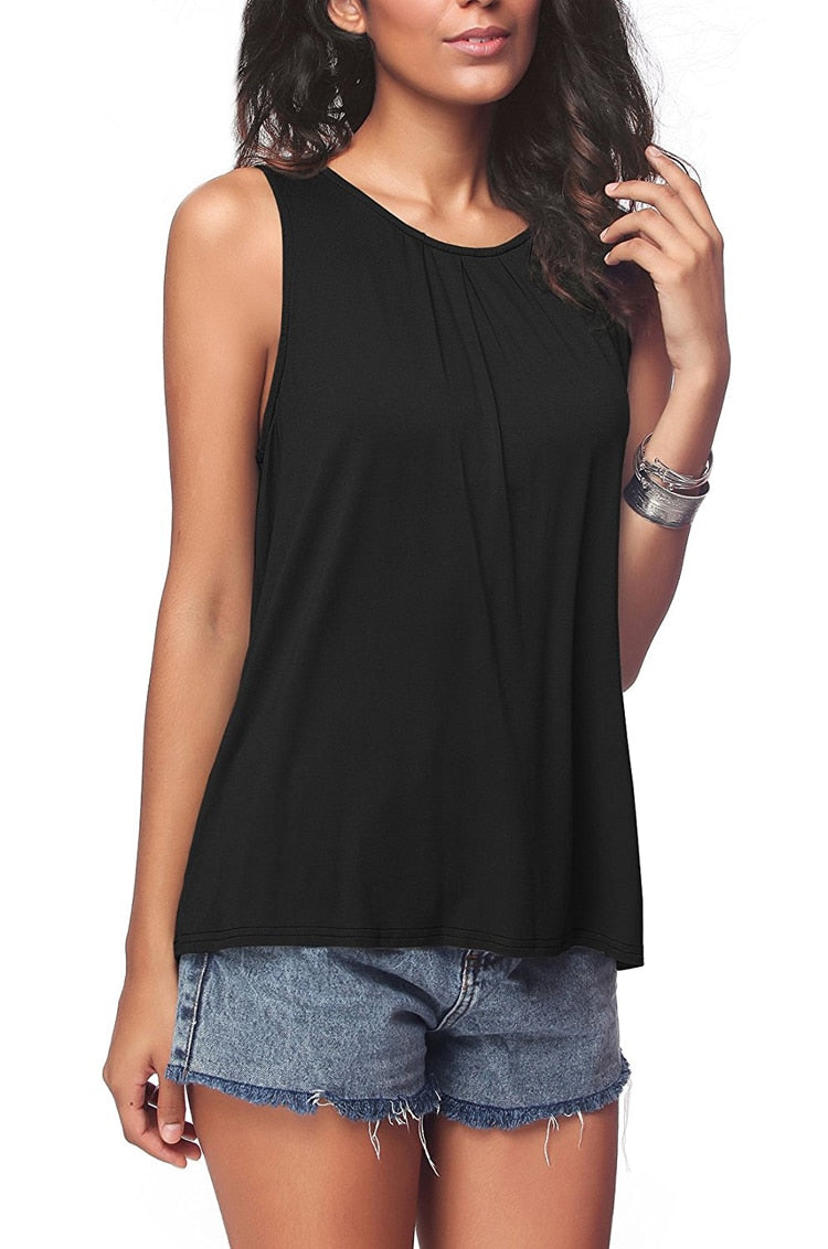 Fashion Summer Women Tank Top Solid Color Sleeveless Vest Lady Elegant Round Neck Loose T-Shirt Camisole Tees Ropa Mujer