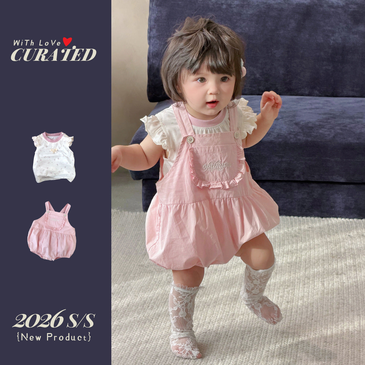 Overalls Set for Girls, Flutter Sleeve T-Shirt Top with Shorts, Baby Kids Clothing