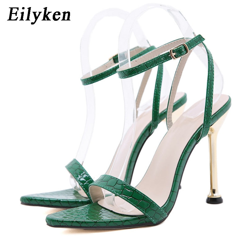Sandalias de Tacón Alto Verde con Hebilla para Mujer