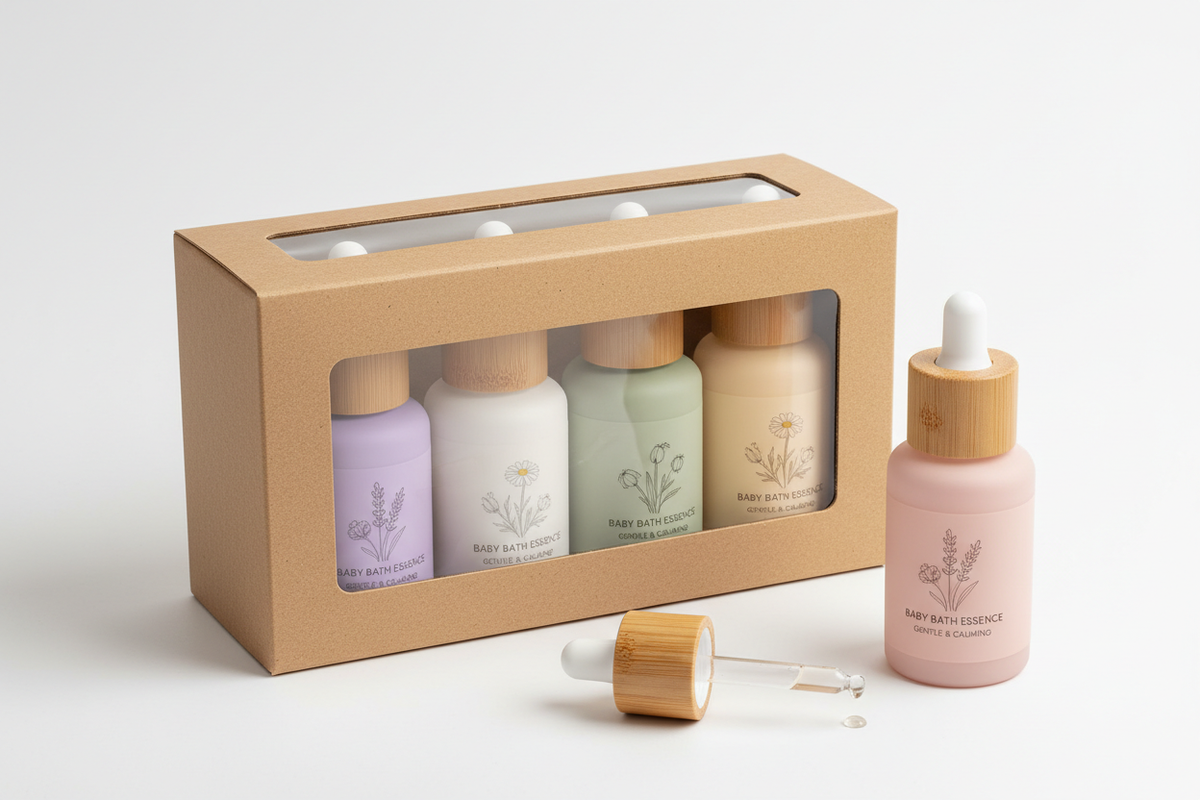 Set de 5 esencias naturales para baño de bebé con boquilla dosificadora y tapa de bambú