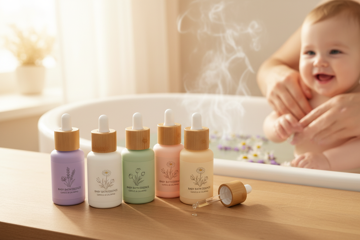 Set de 6 esencias para baño de bebé con frascos de bambú
