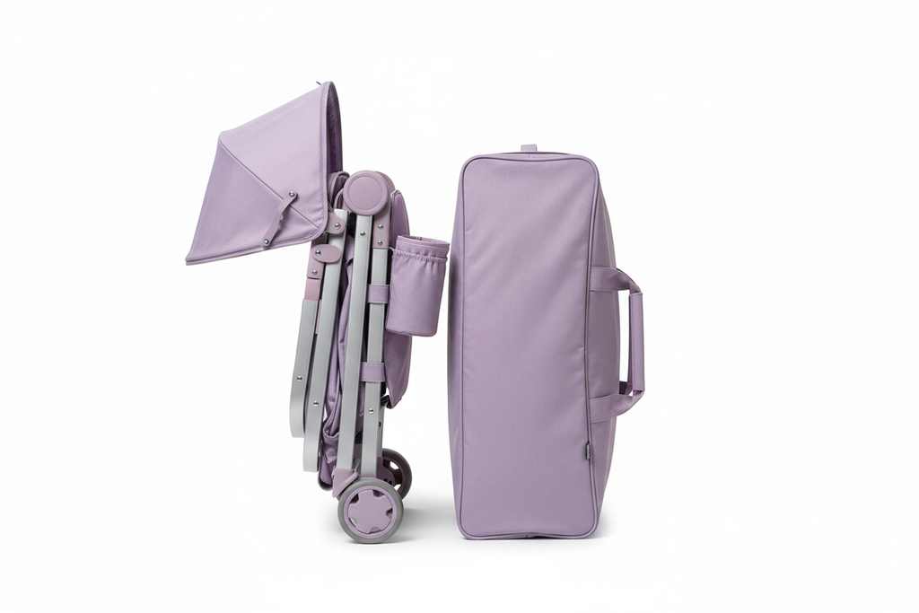SmartCuna Glow - Lila Dream plegada con bolsa de viaje