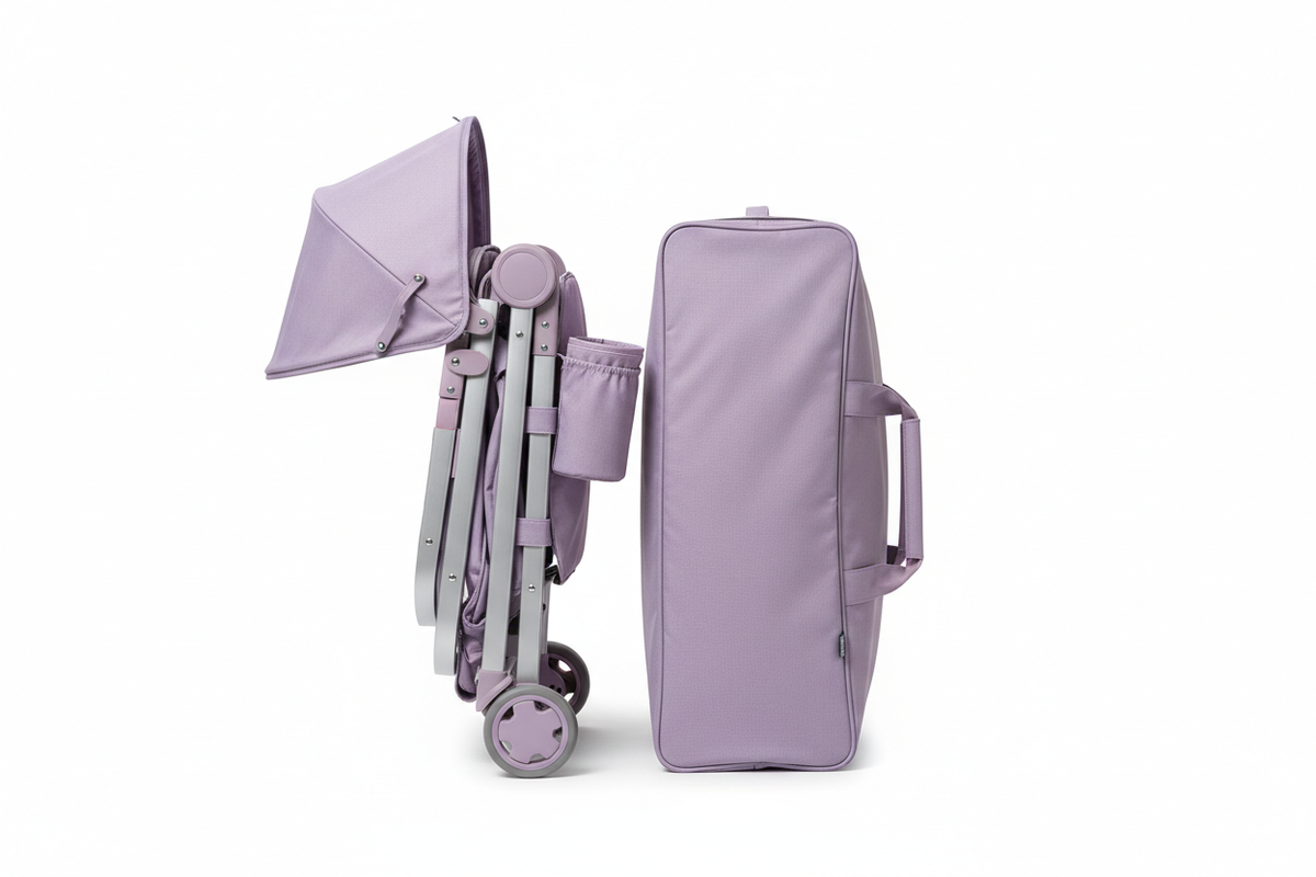 SmartCuna Glow - Lila Dream plegada con bolsa de viaje