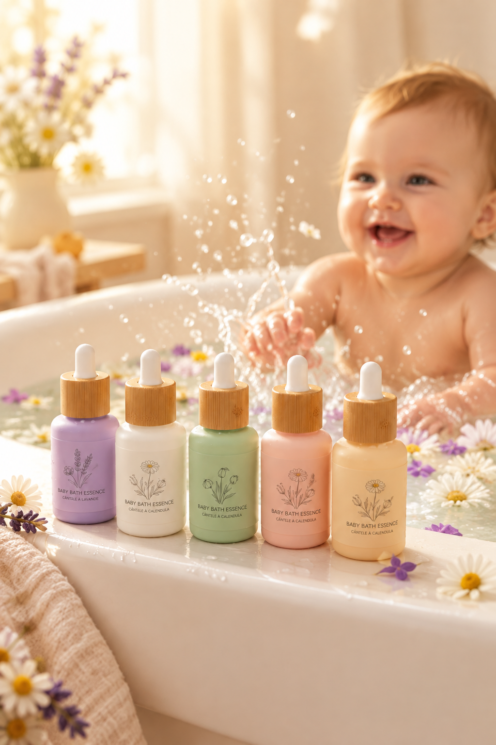 Set de 6 esencias para baño de bebé con bebé sonriente en la bañera