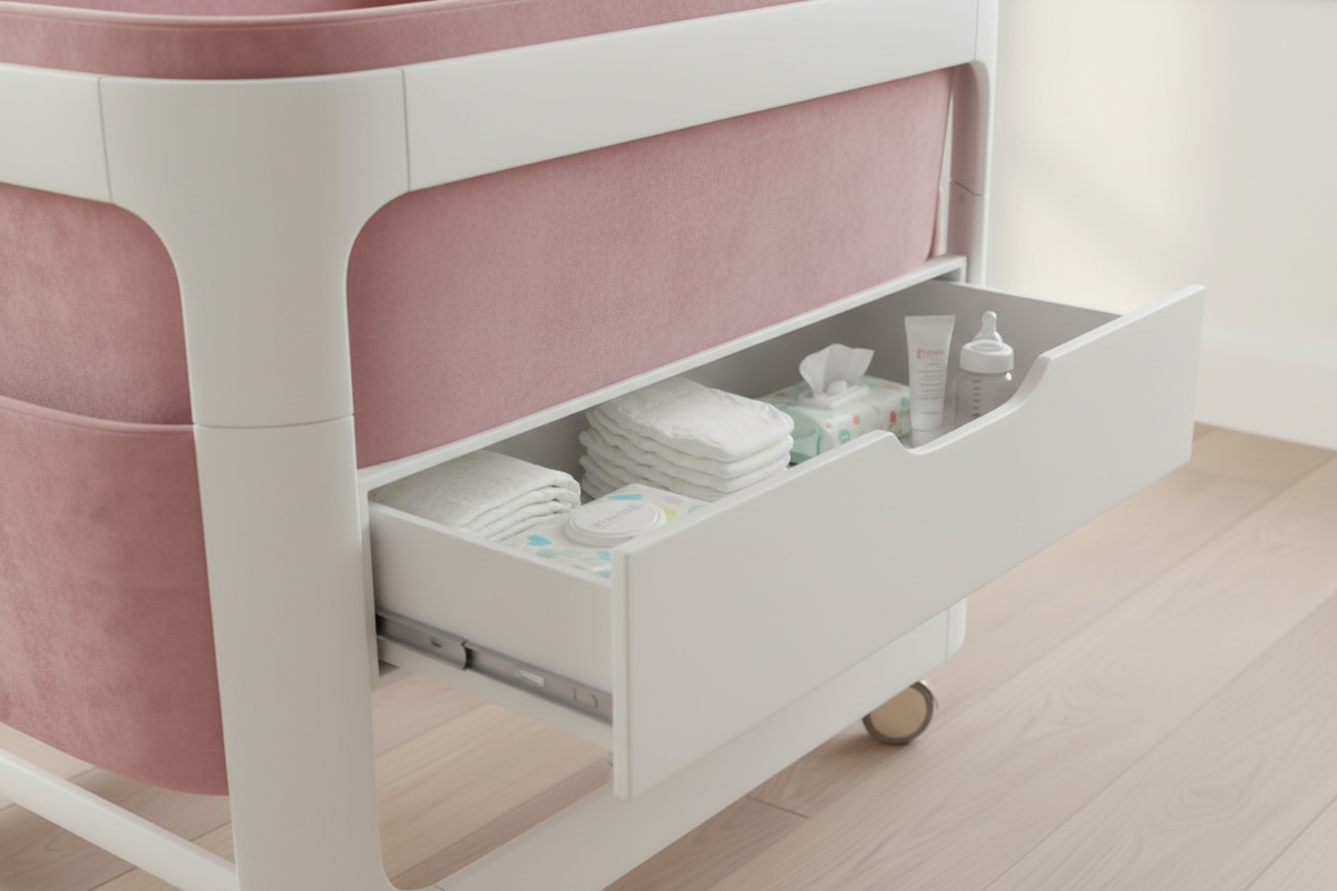 SmartCuna Glow Básica - Compartimento lateral extraible espacioso con pañales, toallitas y bibéron